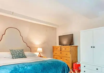a bedroom with a bed and a tv on a dresser at Beautiful Brecon Beacon House in Llandovery