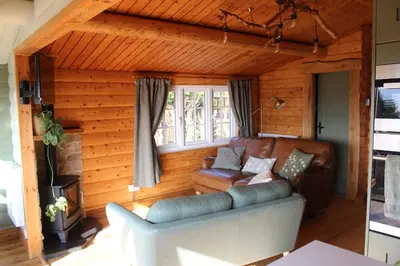 a living room with a couch and a fireplace at Beautifully Restored Log Cabin in Trawsfynydd