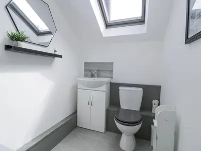 a bathroom with a toilet and a sink and windows at The Coach House in Dolgellau
