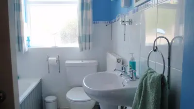 a white bathroom with a sink and a toilet at Geraig Aberaeron in Aberaeron