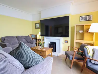 a living room with couches and a tv and a fireplace at Beach Haven in Aberystwyth