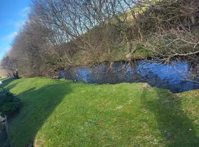 a body of water next to a field of grass at River View Modern 3 Bedroom Pet Friendly in Clarach Bay in Aberystwyth