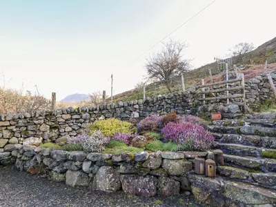 a stone retaining wall with a bunch of flowers at Tyn Y Graig in Arthog