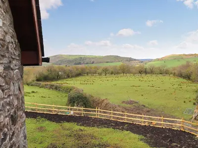 a view from a window of a field with cows at Teifi Cottage - Uk49590 in Llansawel