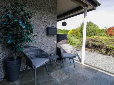 a patio with chairs and a potted plant at Gilfach Bach in Dolgellau