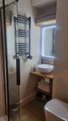 a bathroom with a sink and a toilet and a mirror at The Old Shop High Street in Llanidloes