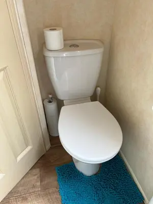 a white toilet in a bathroom with a blue rug at Sylvan Near Hay on Wye in Rhos-gôch