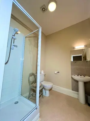 a bathroom with a shower and a toilet and a sink at Lion Royal Hotel, Rhayader in Rhayader