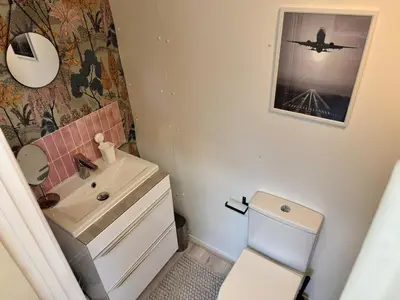 a small bathroom with a sink and a toilet at Alaya Airways in Dolgellau