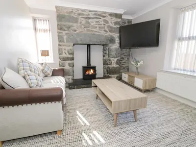 a living room with a couch and a fireplace at Bwthyn Y Mor in Llanddwywe