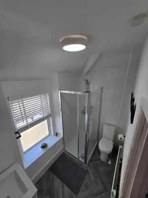 a bathroom with a shower and a toilet at Seasalt Apartment in Barmouth