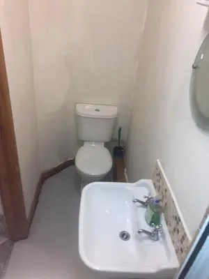 a bathroom with a white sink and a toilet at Dine & Rest, 1 bedroom apartment at little India in Llanrhaeadr-ym-Mochnant