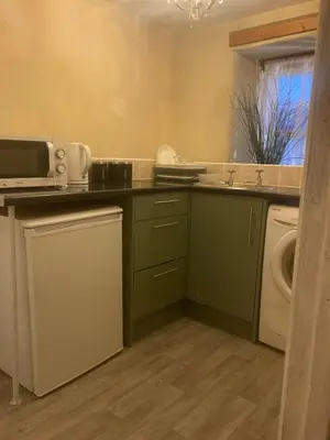 a kitchen with a sink and a washing machine at Dine & Rest, 1 bedroom apartment at little India in Llanrhaeadr-ym-Mochnant