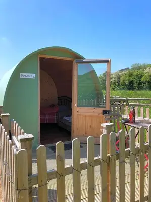 a green tent with a fence in front of it at Green Dragon and Kitchen Pod - Sleeps 2 & Parking in Welshpool