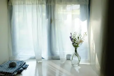 a vase of flowers sitting on a table near a window at Pretty barn conversion in seaside village in Llansantffraid