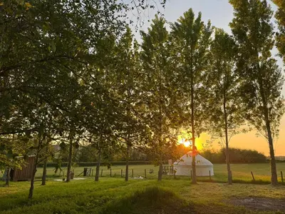 a white tent in a field with the sunset in the background at Hinton land glampsite in Peterchurch