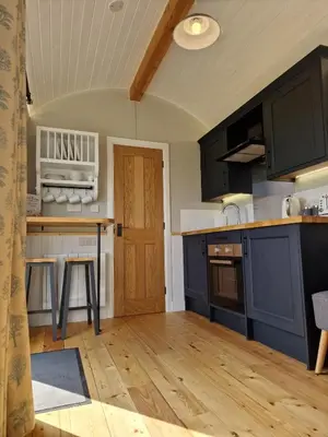 a kitchen with blue cabinets and a wooden floor at Long Meadow Shepherd Hut - Brecon Beacons, LD3 7TD in Tal-y-llyn