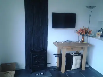 a room with a table and a fireplace with a television at Parkway Chalet - Pennal, Powys, Wales nr Aberdovey in Pennal