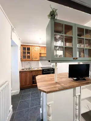 a kitchen with green cabinets and a wooden counter top at Cosy Cader Cottage in Dolgellau