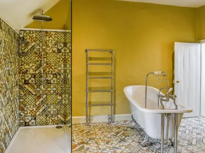 a bathroom with a tub and a shower with a ladder at Priory Cottage in Clifford