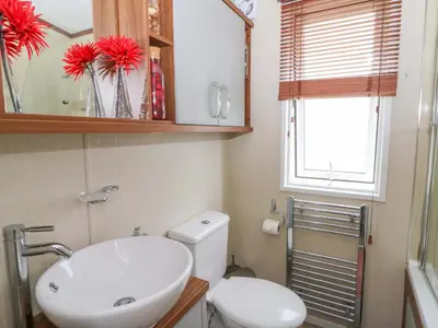 a bathroom with a toilet and a sink and a mirror at Ty Seren in New Quay