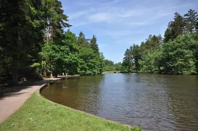 a river in a park with trees and a sidewalk at 1 Bed in Dorstone oc-c31765 in Dorstone