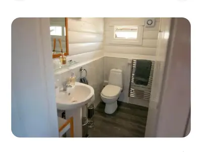 a small bathroom with a toilet and a sink at Snowdonia Escapes# Scenic Log Cabin with Views, WIFI & 2 Double bedrooms in Trawsfynydd
