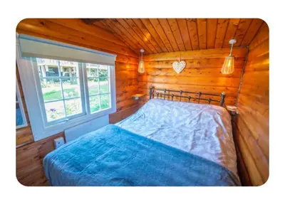 a bedroom with a bed in a log cabin at Snowdonia Escapes# Scenic Log Cabin with Views, WIFI & 2 Double bedrooms in Trawsfynydd