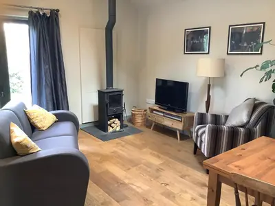 a living room with a fireplace and a tv at Little Hare Lodge - Near Ludlow in Lane to Richards Castle