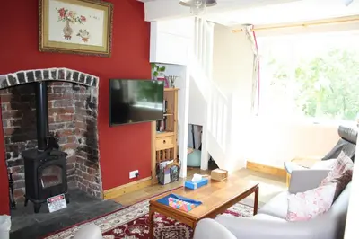 a living room with a fireplace and a tv at Severn Up in Newtown