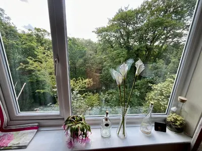 a window with vases and flowers on a window sill at Severn Up in Newtown