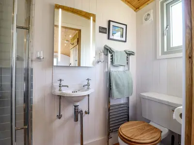 a bathroom with a sink and a toilet and a shower at Charollais in Oswestry