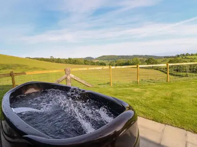a black tub filled with water in a field at Defaid Cymreig in Oswestry