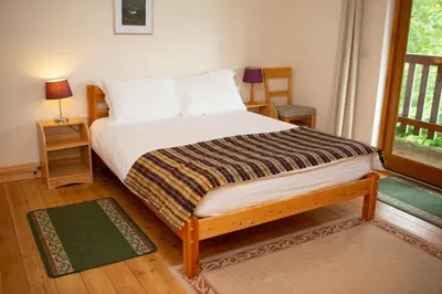 a bedroom with a bed and a window at Owls Roost Eco Lodge Apartment Lampeter in Lampeter