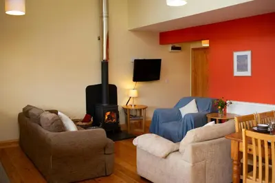 a living room with two chairs and a fireplace at Robins Perch Eco Lodge Apartment Lampeter in Lampeter