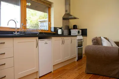 a kitchen with a sink and a counter top at Robins Perch Eco Lodge Apartment Lampeter in Lampeter