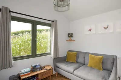 a living room with a couch and a window at Birch Banc Retreats - Bedw Cabin