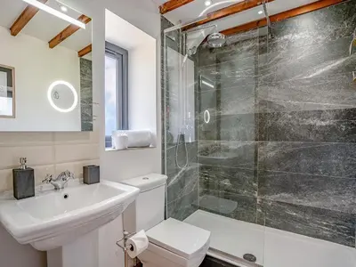 a bathroom with a shower and a toilet and a sink at The Old Cowsheds 4 - Daniel Ddu - Uk49789 in Cribyn