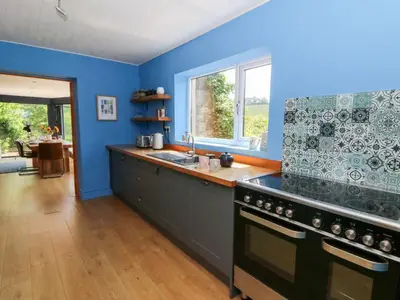 a blue kitchen with a stove and a sink at The Old Barn in Lampeter
