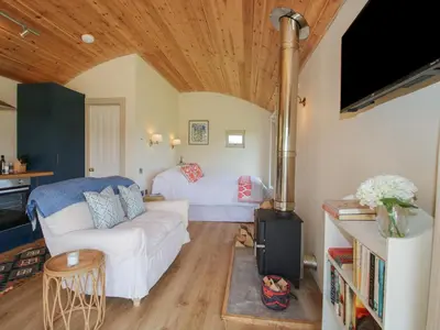 a living room with a white couch and a tv at Owl's Hollow in Bucknell