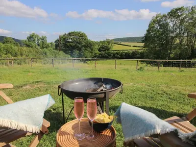 a grill with two wine glasses on a table with a fire at Owl's Hollow in Bucknell