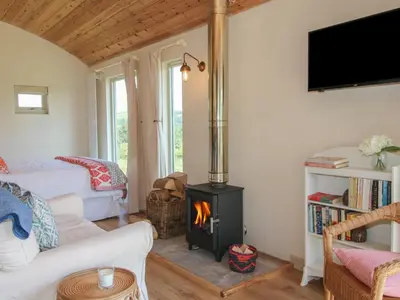 a living room with a wood stove in it at Owl's Hollow in Bucknell