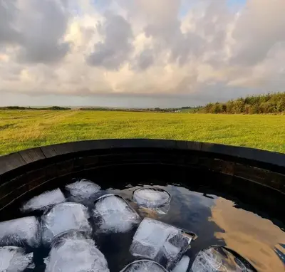 a tub filled with ice cubes in a field at Glamping Pod - Sleeps 2 - Pets - Parking - Wifi in Llanon