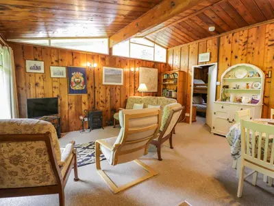 a living room with wooden walls and chairs and a fireplace at Ty Bedwen in Machynlleth