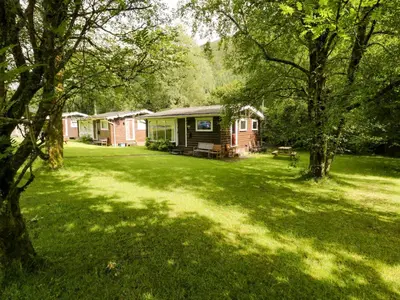 a group of lodges in a green yard with trees at Ty Bedwen in Machynlleth
