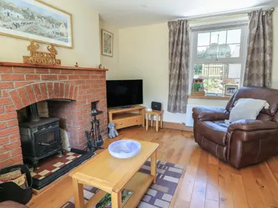 a living room with a couch and a fireplace at Felin Gogoyan in Tregaron