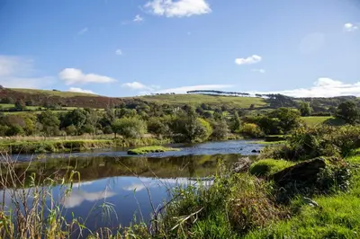 a river in the middle of a field at Ty Twt Teifi in Tregaron