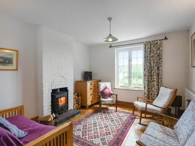 a living room with a couch and a fireplace at Clee View Cottage in Ludlow