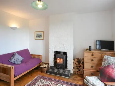 a living room with a couch and a fireplace at Clee View Cottage in Ludlow