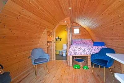 a bedroom with a bed in a wooden room at Scenic Pet Friendly Pod in Talybont Aberystwyth in Aberystwyth